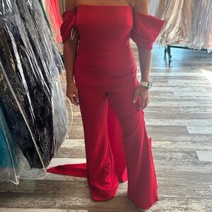 Red Jovani Off the Shoulder Prom Formal Jumpsuit Style #08209 with Back Streamer